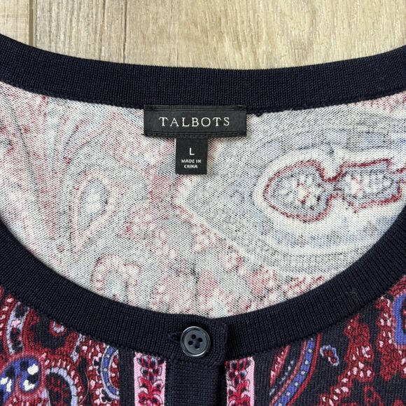 Talbots Women Cardigan Button Up Size L Navy Paisley Office Holiday Preppy Artsy - Picture 4 of 10